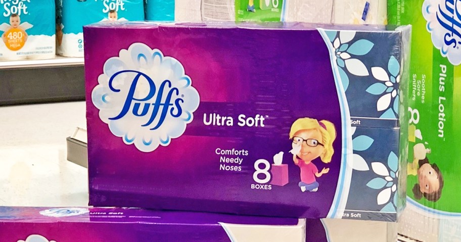 large purple box of Puffs Ultra Soft Tissues