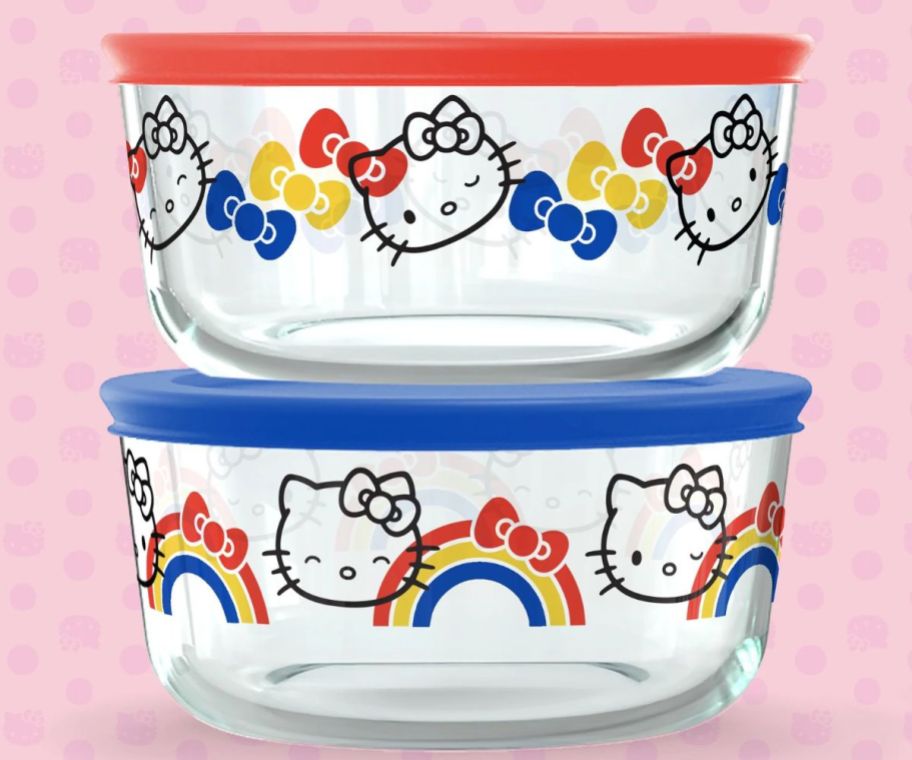 two 4 cup hello kitty pyrex food storage bowls in a stack