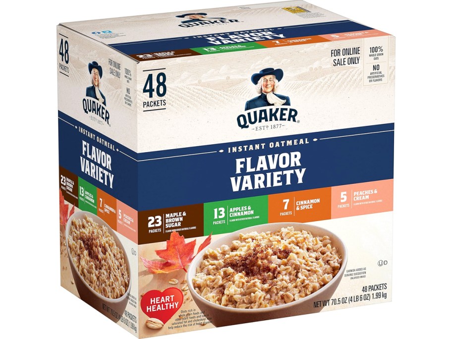 large variety pack box of quaker instant oatmeal