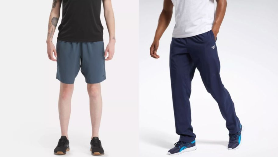 a male model in a pair of gray shorts and a male model in a pair of navy pants