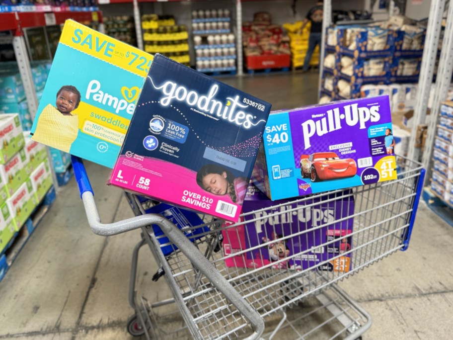 large boxes of diapers in sam's club shopping cart