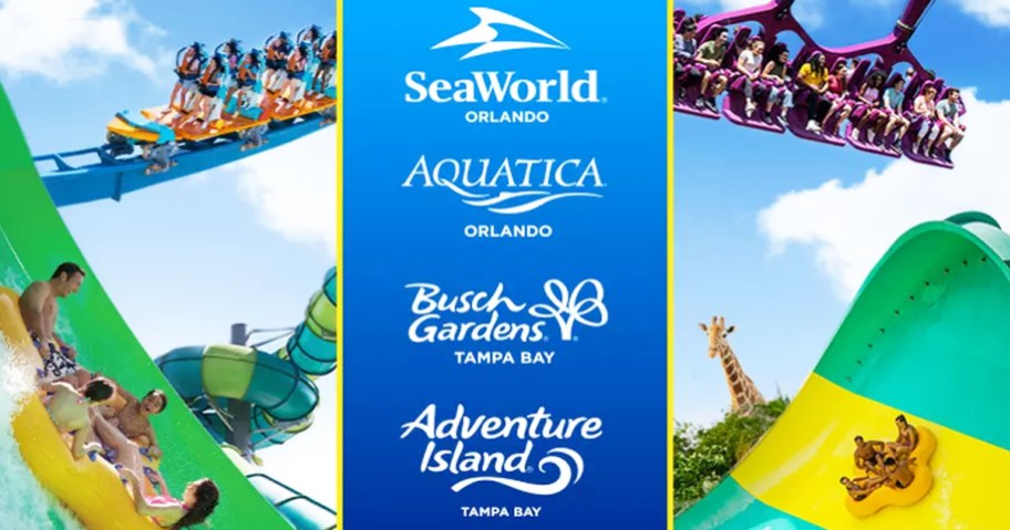 SeaWorld Florida Parks names with water slides and roller coasters on the sides