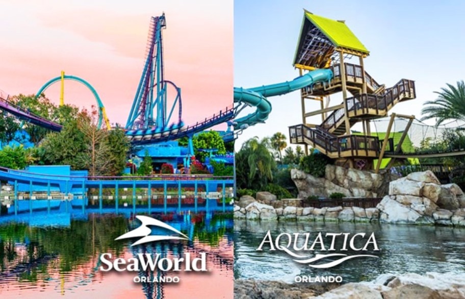 side by side photos of SeaWorld and Aquatica theme parks