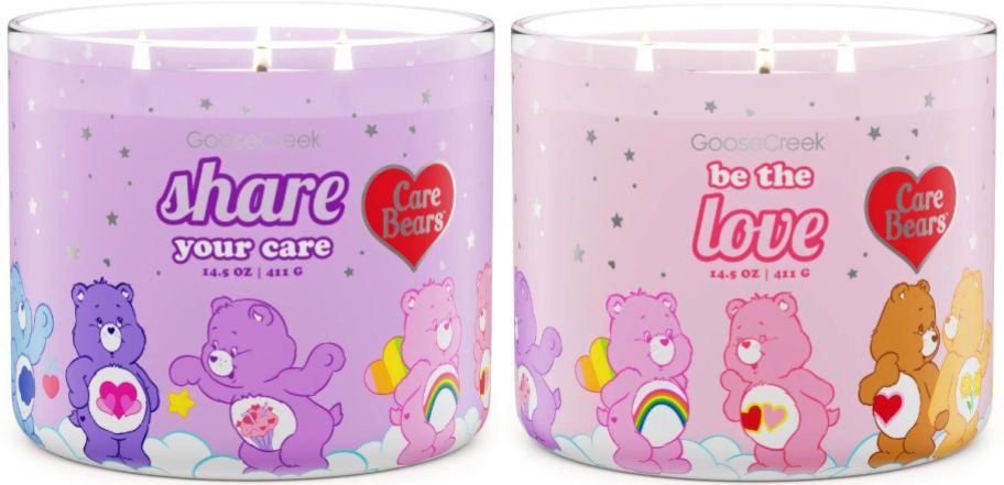 two large 3-wick carebears candles