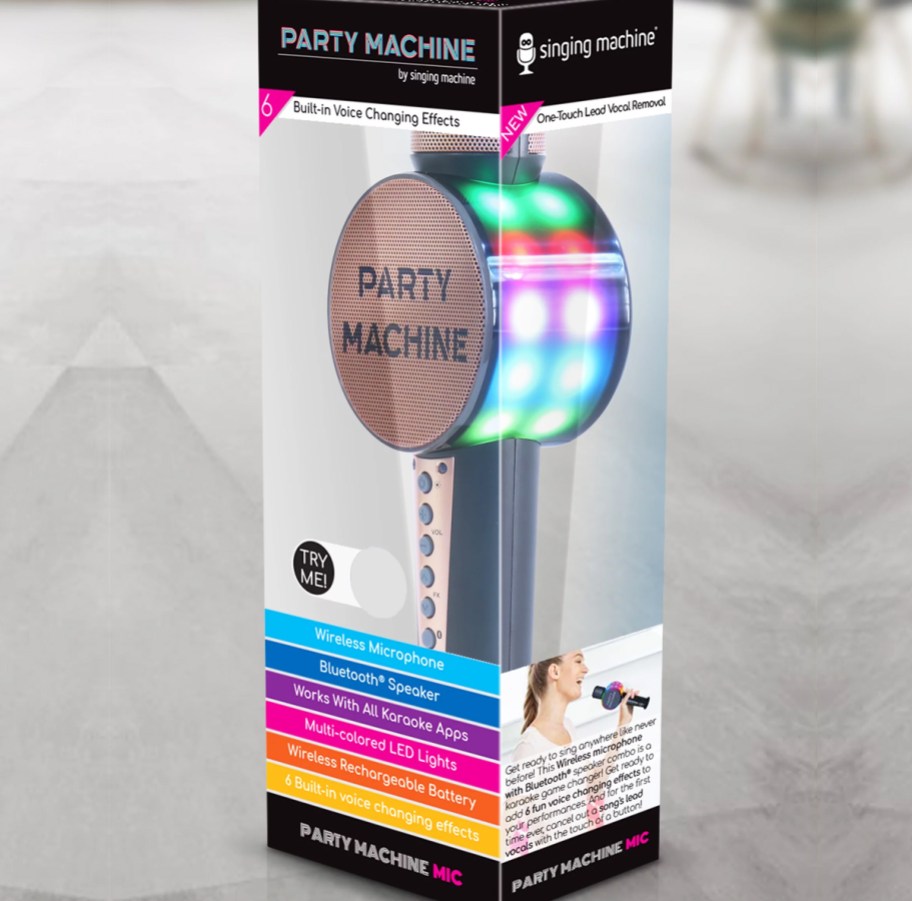 black karaoke microphone with colorful LED lights in packaging