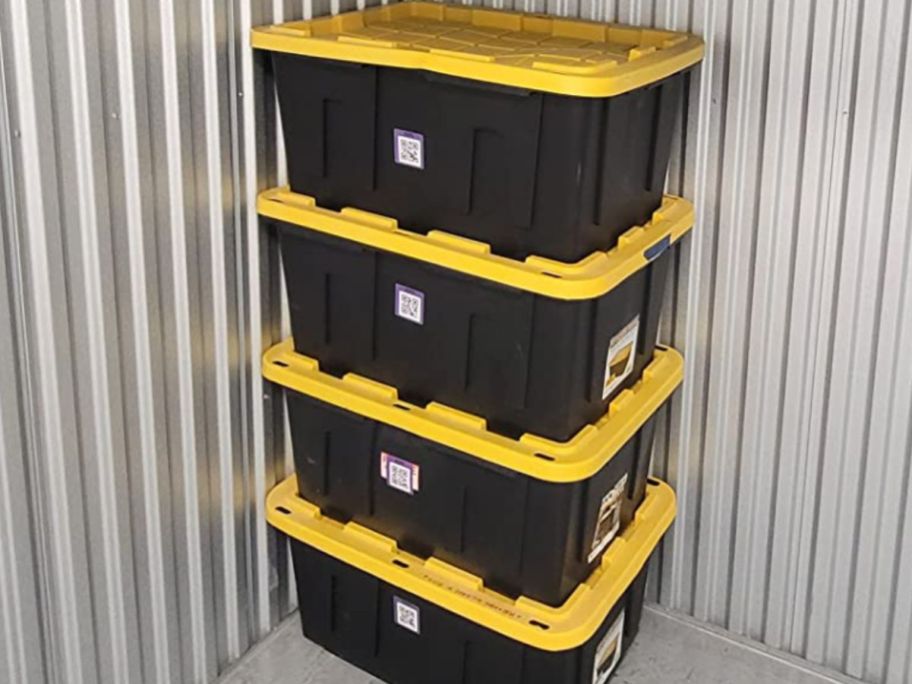 Black Storage Totes with SmartLabels QR stickers on them