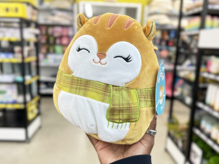 hand holding up a squishmallows squirrel plush wearing a scarf
