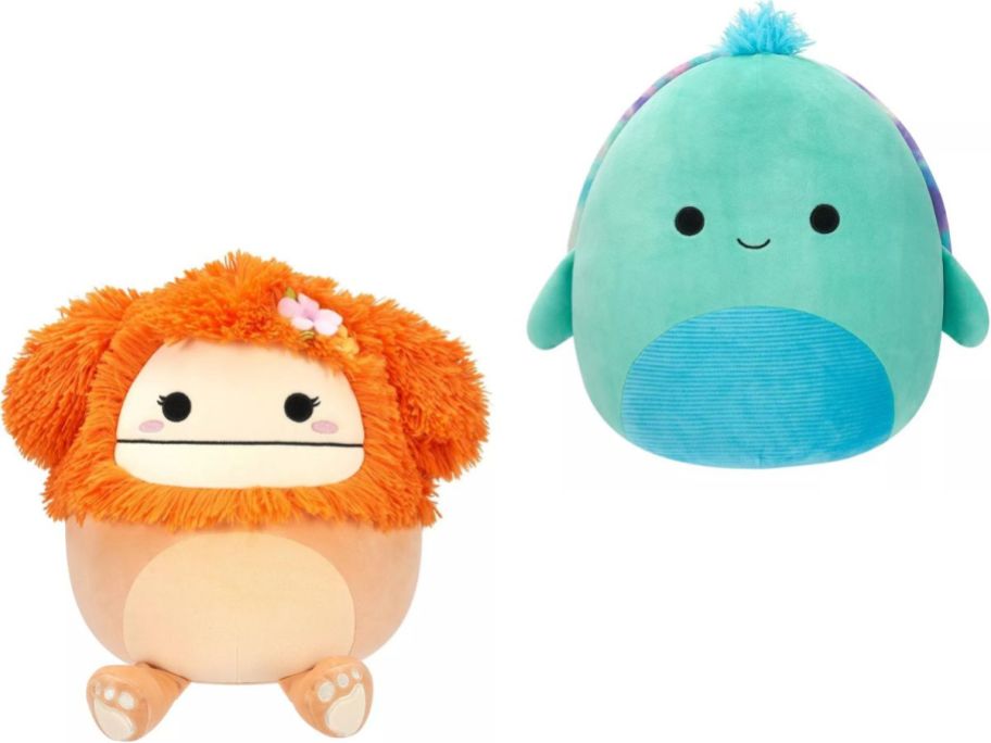 Stock images of a Bigfoot and a Turtle Squishmallow Plush
