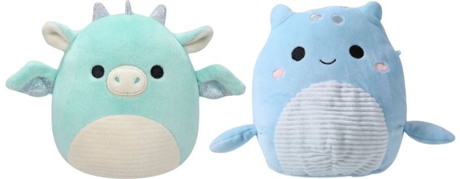 dragon and loch ness monster squishmallows on a white background