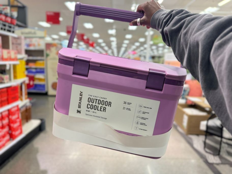 A person holding a Stanley Outdoor Cooler in purple