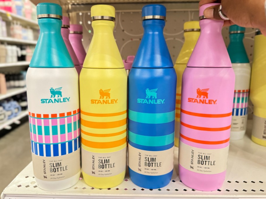 Stanley bottles at Target displayed in different colors and stripes