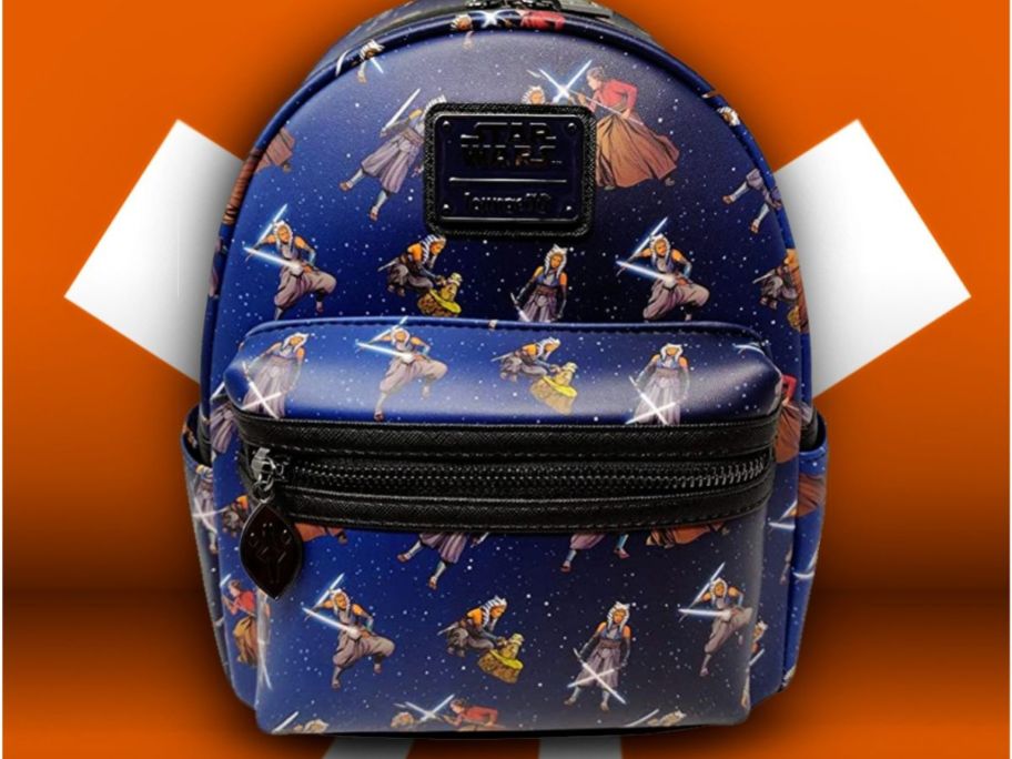 Star Wars Ahsoka Tano Loungefly Backpack with an orange background