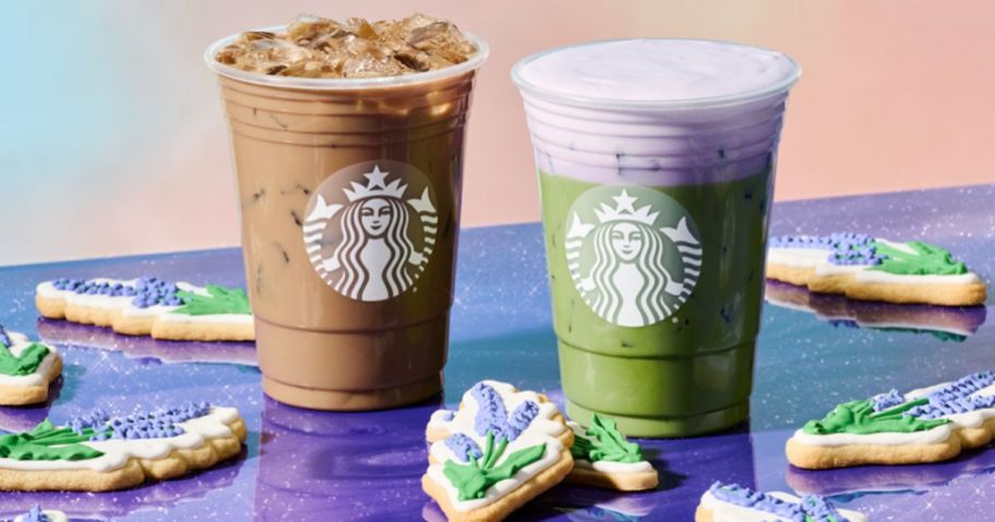 2 Starbucks Spring drinks surrpunded by flower shaped cookies