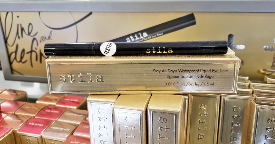 Stila Stay All Day Waterproof Liquid Eyeliner on top of its box on display in store