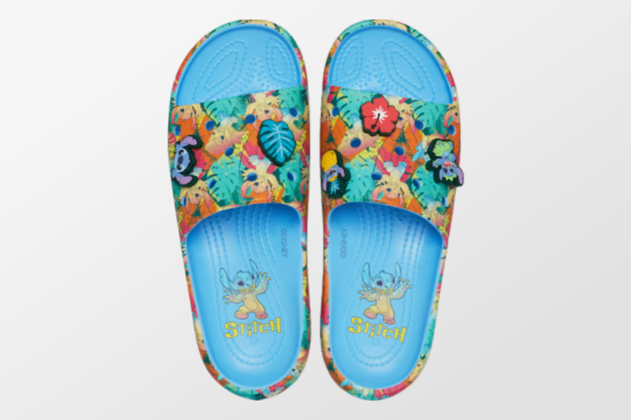 A pair of Croc's slides with Disney's Stitch on it