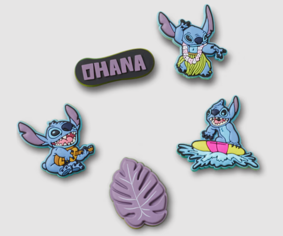 A 5-pack of Disney's Stitch Jibbitz charms for Crocs shoes