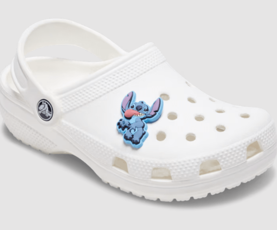 Stitch Silly Jibbitz Charm on a white Crocs shoe