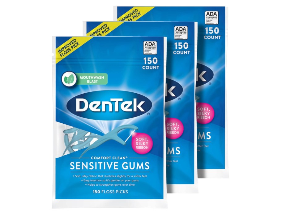 Stock image of DenTek Comfort Clean Sensitive Gums Floss Picks, Soft & Silky Ribbon 3 Pack 150 Count