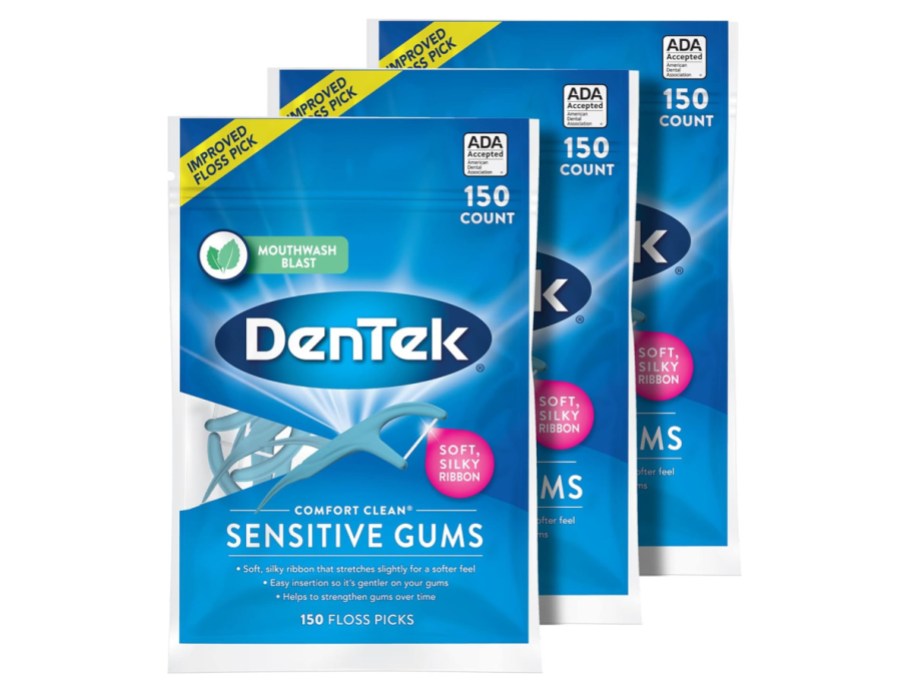 Stock image of DenTek Comfort Clean Sensitive Gums Floss Picks, Soft & Silky Ribbon 3 Pack 150 Count