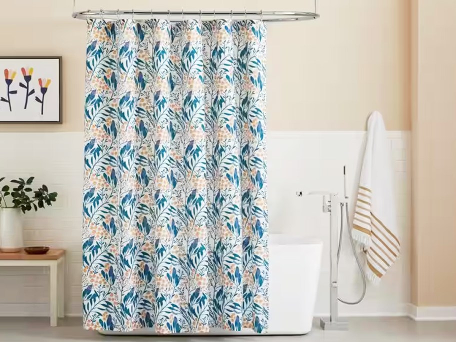 blue and yellow floral print shower curtain