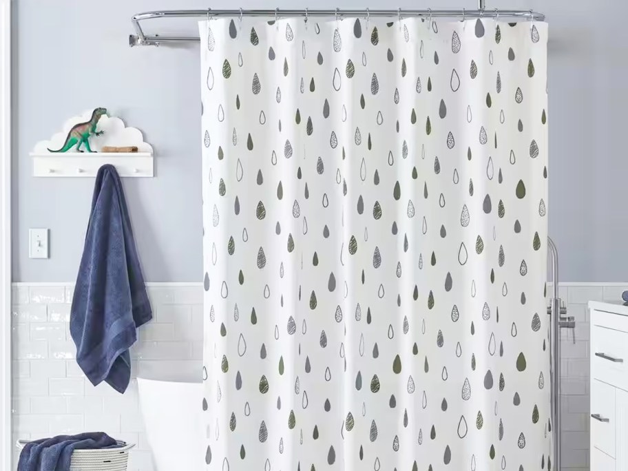 white and grey raindrop print shower curtain