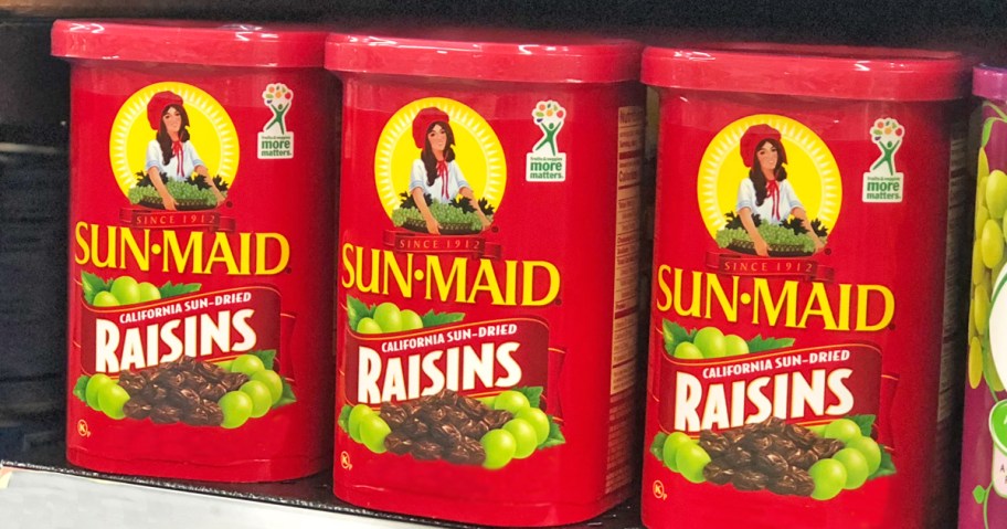 red containers of sun-maid raisins on store shelf