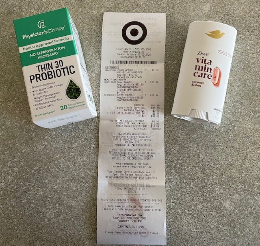 Target receipt plus deodorant and probiotics