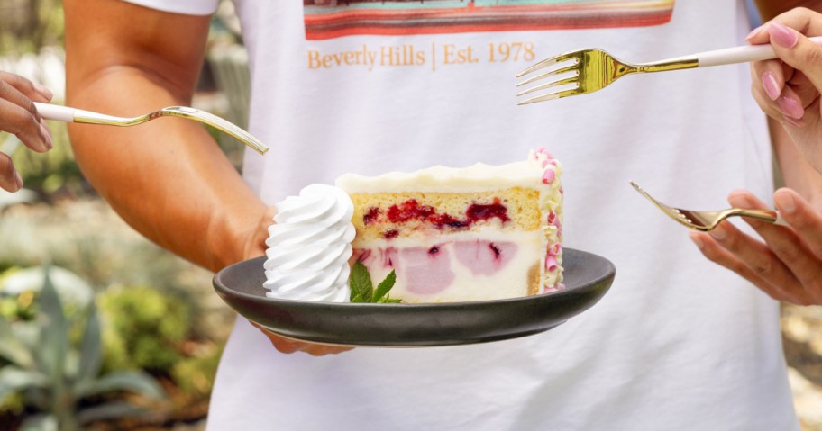 holding a slice of cheesecake on a plate