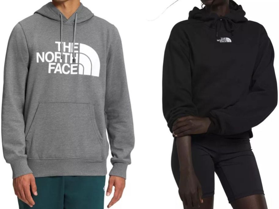 Stock images of a man and a woman wearing The North Face hoodies