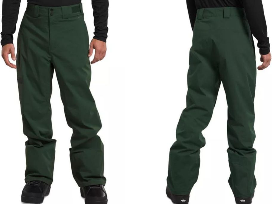 Stock image of the front and back view of a man wearing The North Face snow pants