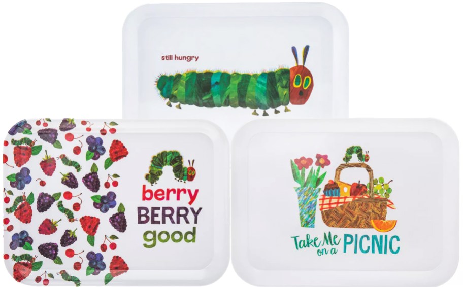 three Very Hungry Caterpillar printed serving trays