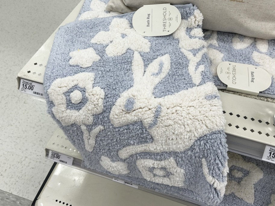 blue and white rabbit print bath rug