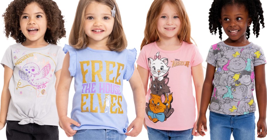 Girls wearing shirts from the Toddler Girls 4-Pack Character Tee Sets