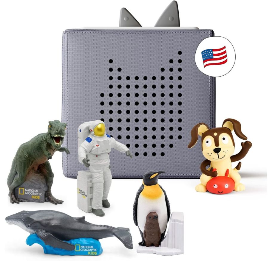 a gray toniebox shown with 5 characters on a white background