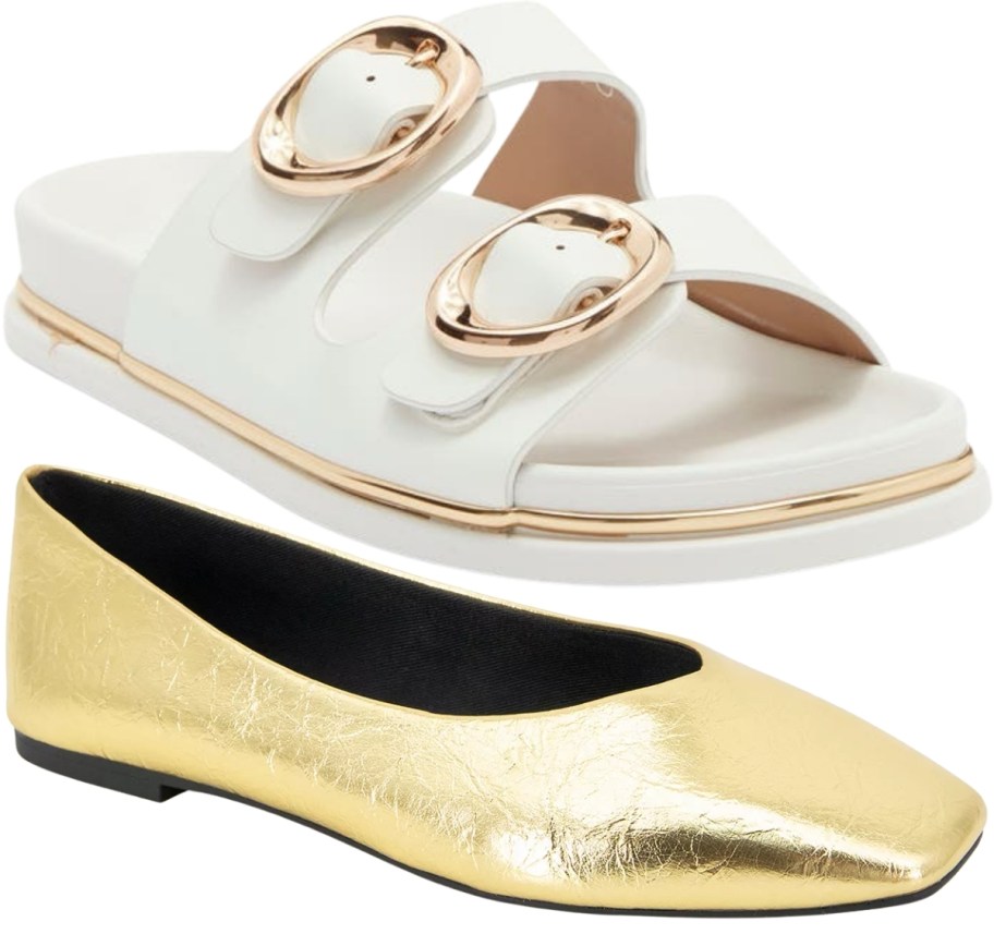 white footbed sandal and gold flat