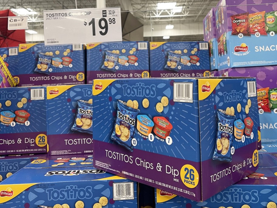 large blue box of Tostitos chips, salsa, and queso cups at Sam's Club