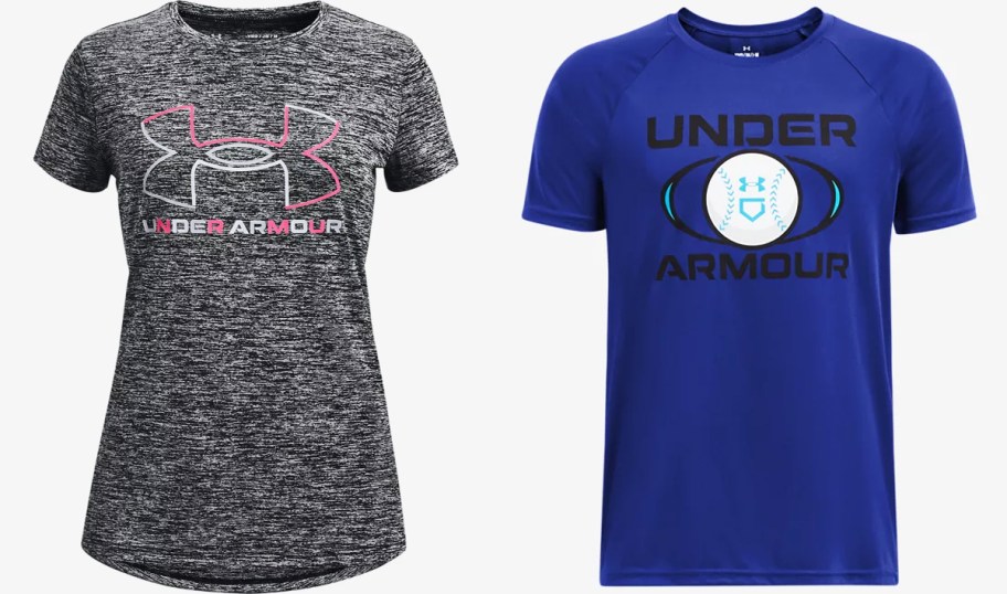 grey and blue under armour graphic tees