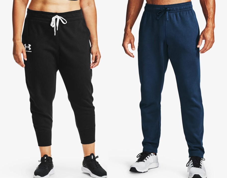 woman and man in black and blue sweatpants
