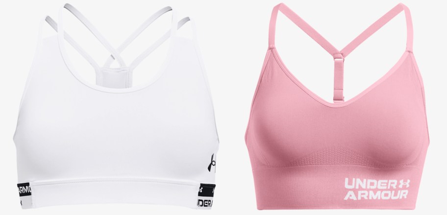 white and pink under armour sports bras