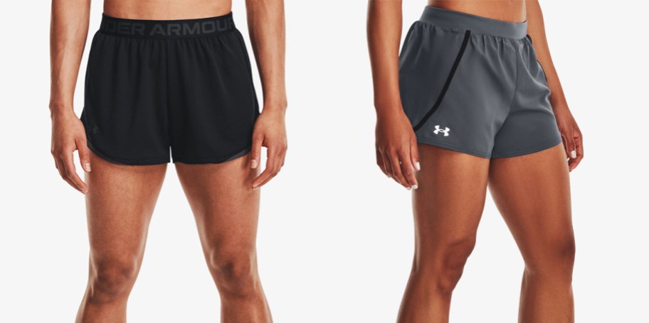 two women in black and grey shorts