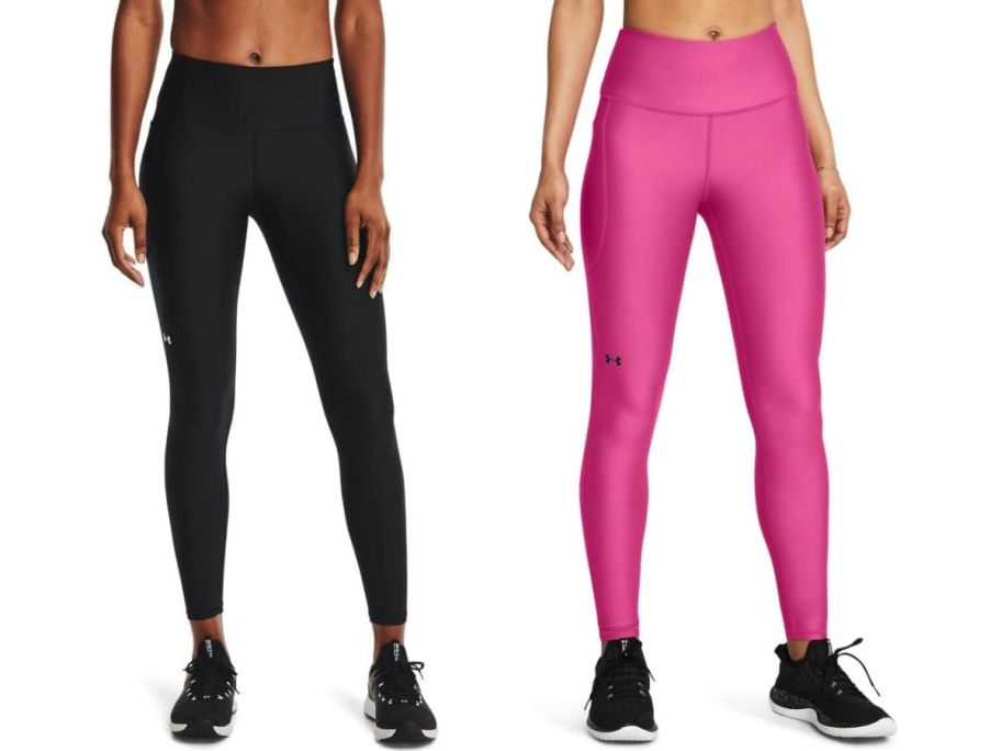two women standing in black and astro pink under armour leggings