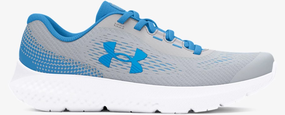 grey and blue under armour running shoe