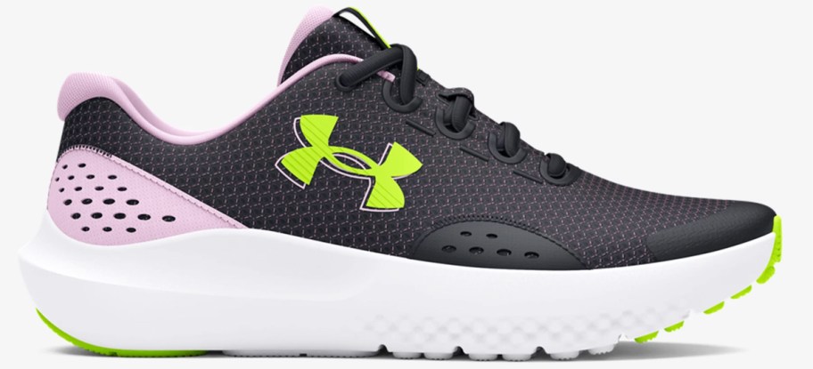 black, purple, and green under armour running shoe