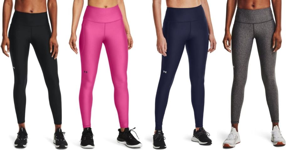 four women standing with black, astro pink, midnight navy, and charcoal light heather under armour leggings
