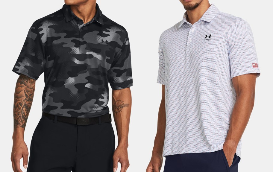 two men in black camo print and while micro dotted polo shirts