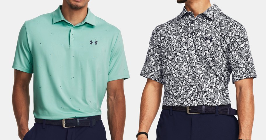 two men in green and grey printed polos