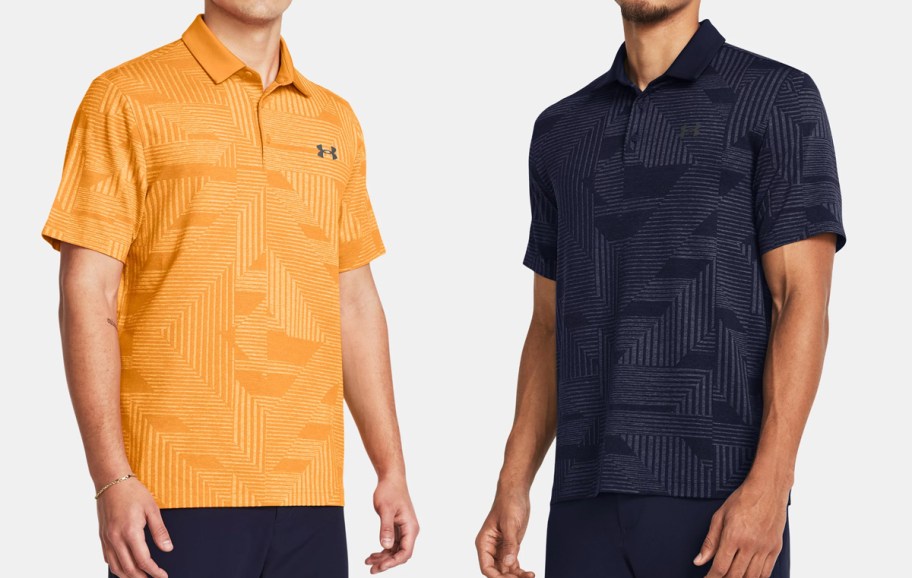 two men in orange and navy blue polo shirts