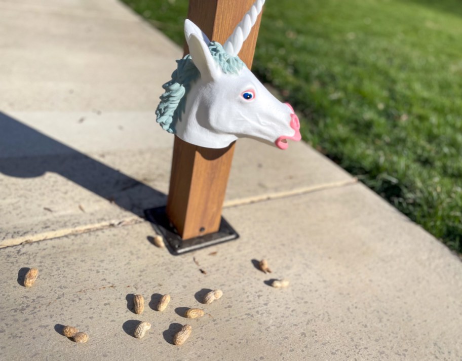 A unicorn squirrel feeder placed outside near peanuts