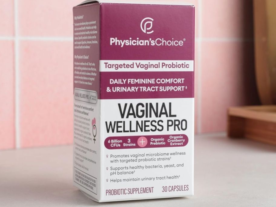 box for Physician's Choice Vaginal & Urinary Tract Probiotics for Women sitting on counter