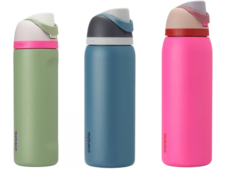 3 different colors and sizes of owala freesip water bottles